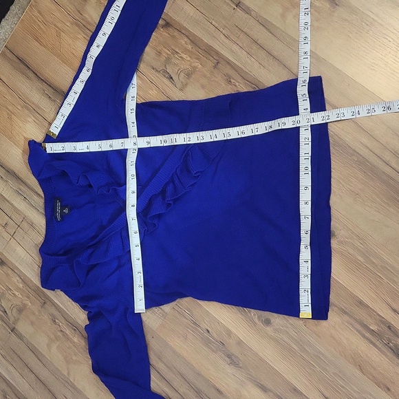 BANANA REPUBLIC Blue Extra Fine Merino Wool Ruffle V-neck 3/4 Sleeve Sweater - Picture 6 of 11